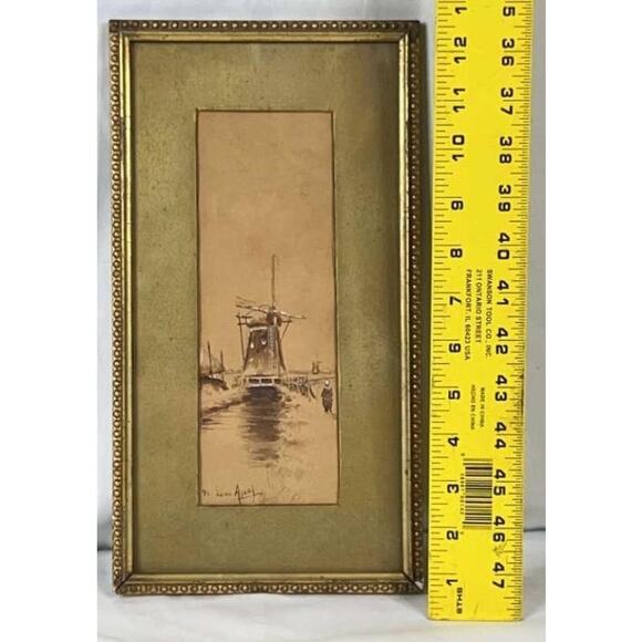 Antique Louis Apal Dutch Windmill Original Watercolor Gold Ornate Frame RARE - Picture 13 of 14